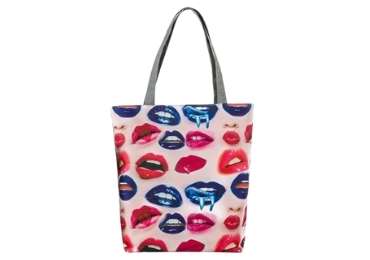 Cotton Zipper Tote Bag with Lips Pattern