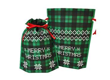 Plaid Non Woven Christmas Drawstring Bag